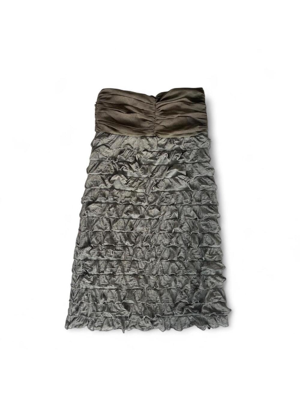 Y2K Strapless Tiered Ruffle Ruched Mesh Mini Dress Olive Brown